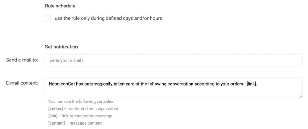 Facebook comments auro reply - rule schedule and email notifications