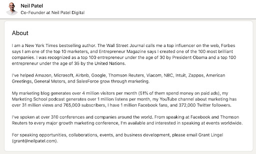 LinkedIn bio Neil Patel