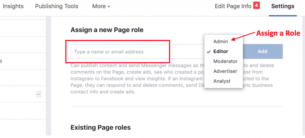 Assign roles on Facebook page