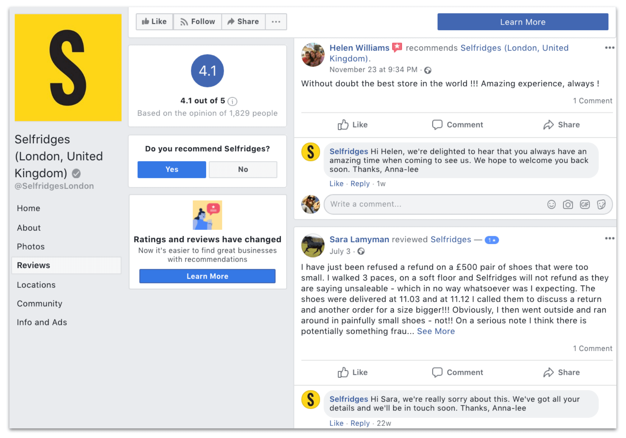 facebook customer service example